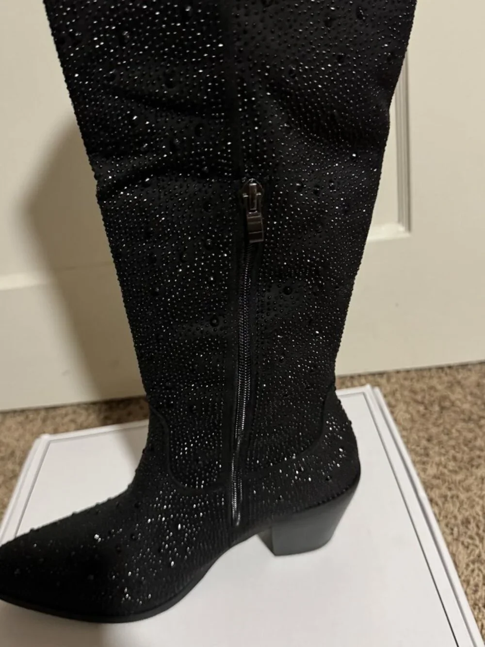 Women's Black Over Knee Pointed Toe Sparkly Chunky Heel Thigh High Boots